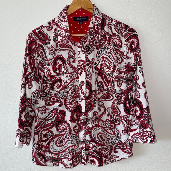Jones New York Red Paisley 3/4 Sleeve Button Down Blouse Size‎ L - Picture 1 of 7